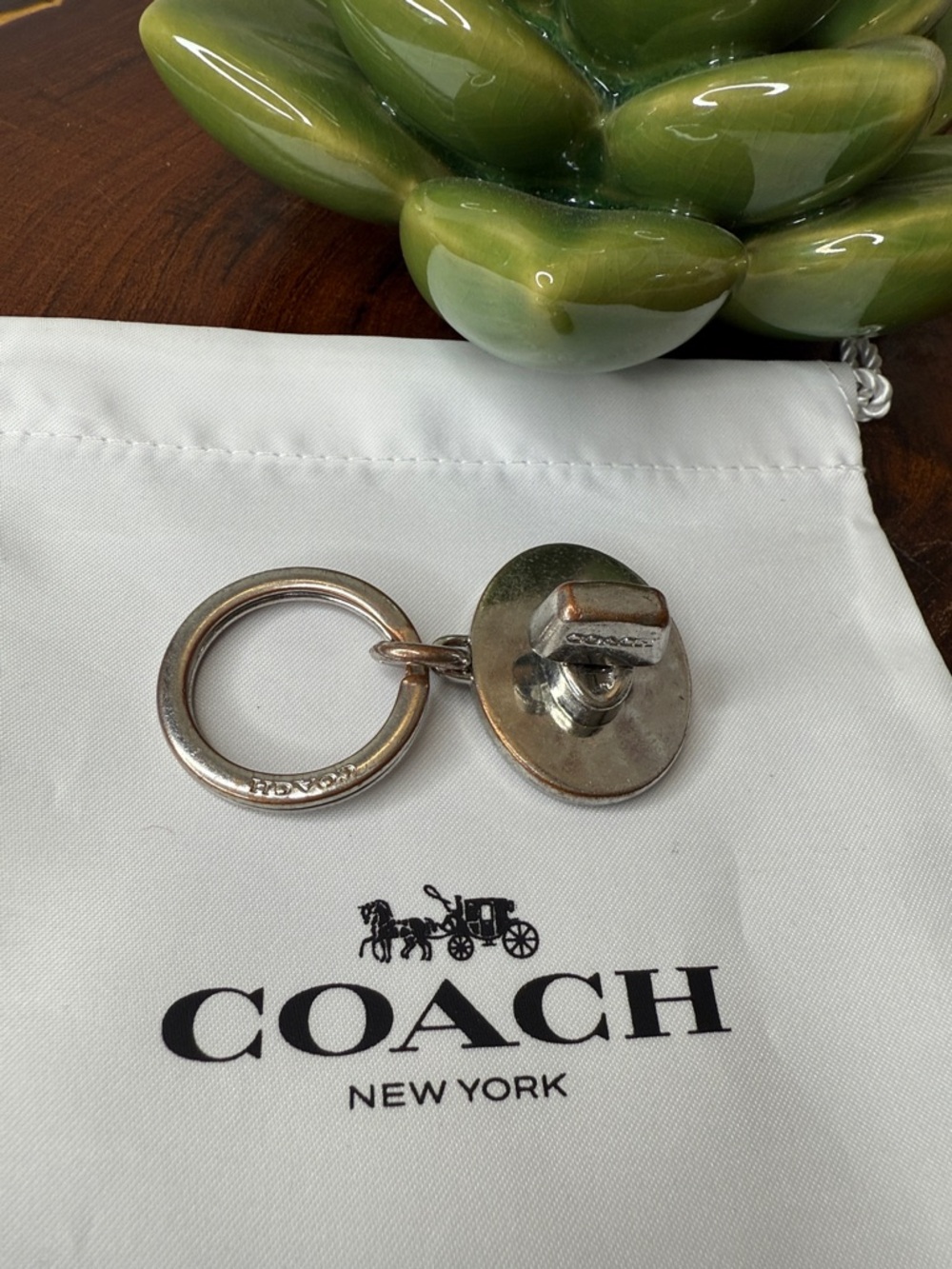 Y2K Coach Silver-Tone Round Keyring with Button Charm